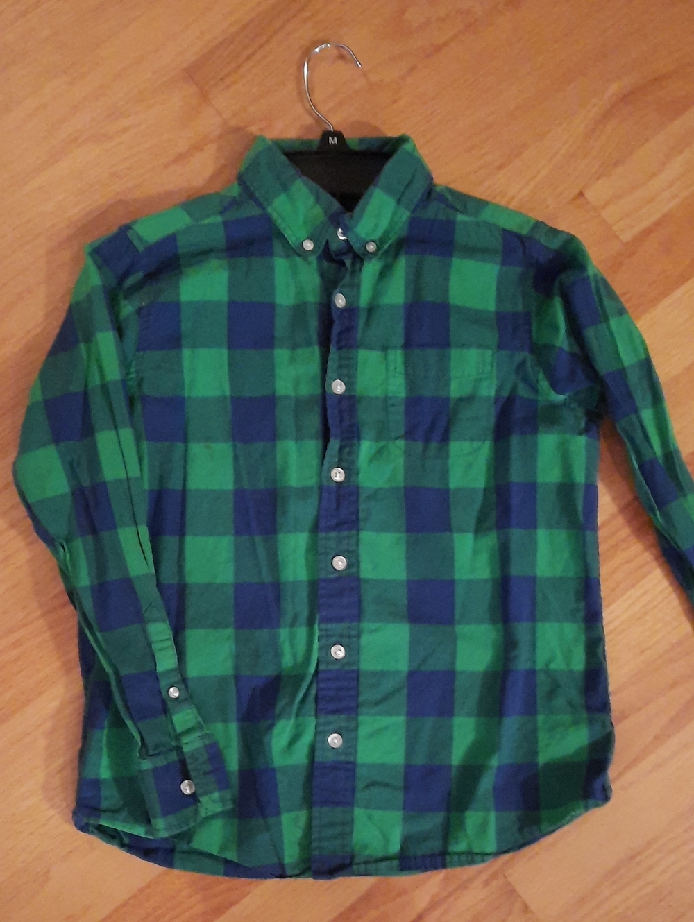M 10 - 12 Boy Lands' End Kid Green and Navy Plaid Button-Down Shirt Medium
